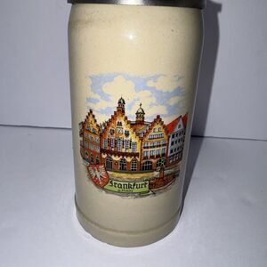 Gerz Handcrafted Vintage Clay Ceramic German Beer Stein W/Pivot Lid Beige